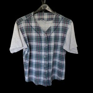 90's Sycamore Plaid Baseball Jersey Button Up Top Grey Short Sleeve Unisex L